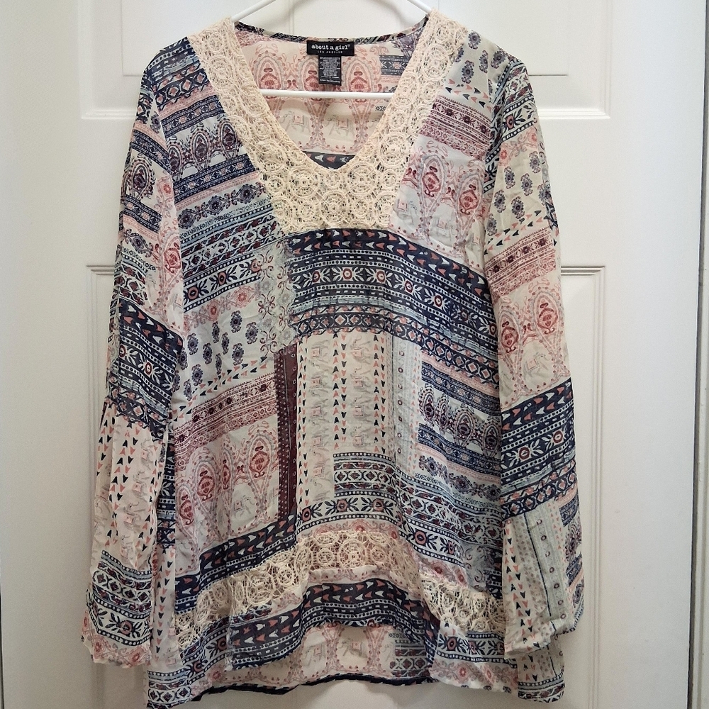 Boho Patchwork Top Bell Sleeves Large Crochet Trim Semi Sheer Peasant Festival